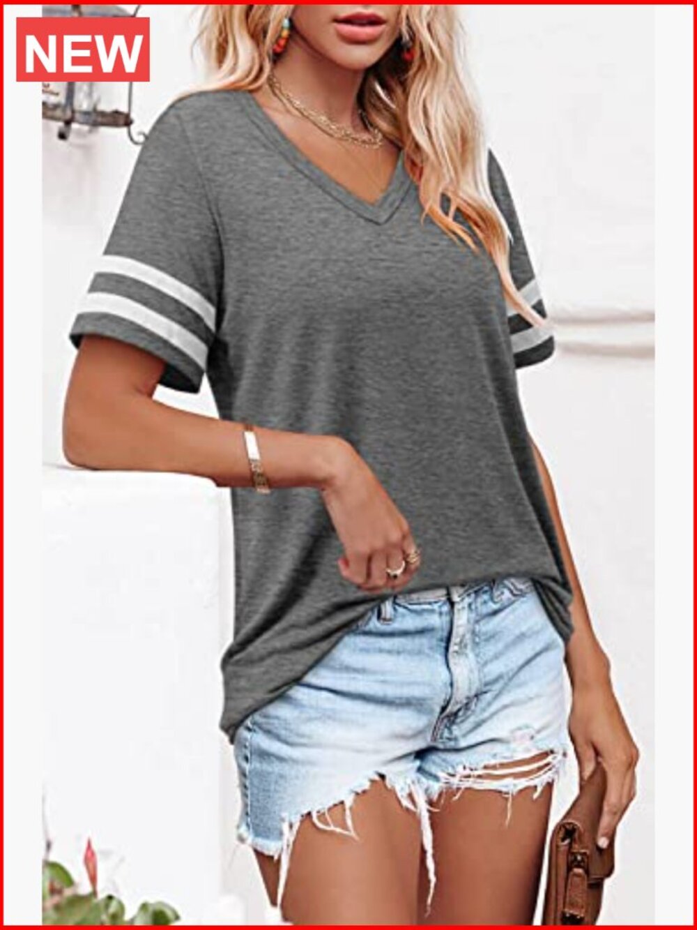 V-Neck Short Sleeve Tunic T-Shirt Loose Fit Cotton Blend - Picture 5 of 7
